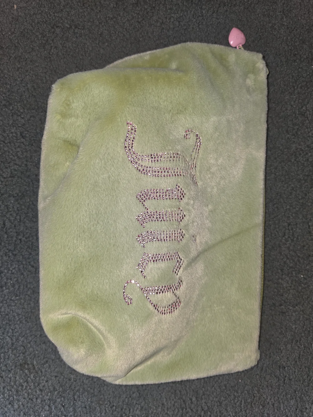 Juicy Couture lime green velour cosmetic pouch with sparkly rhinestone “Juicy”